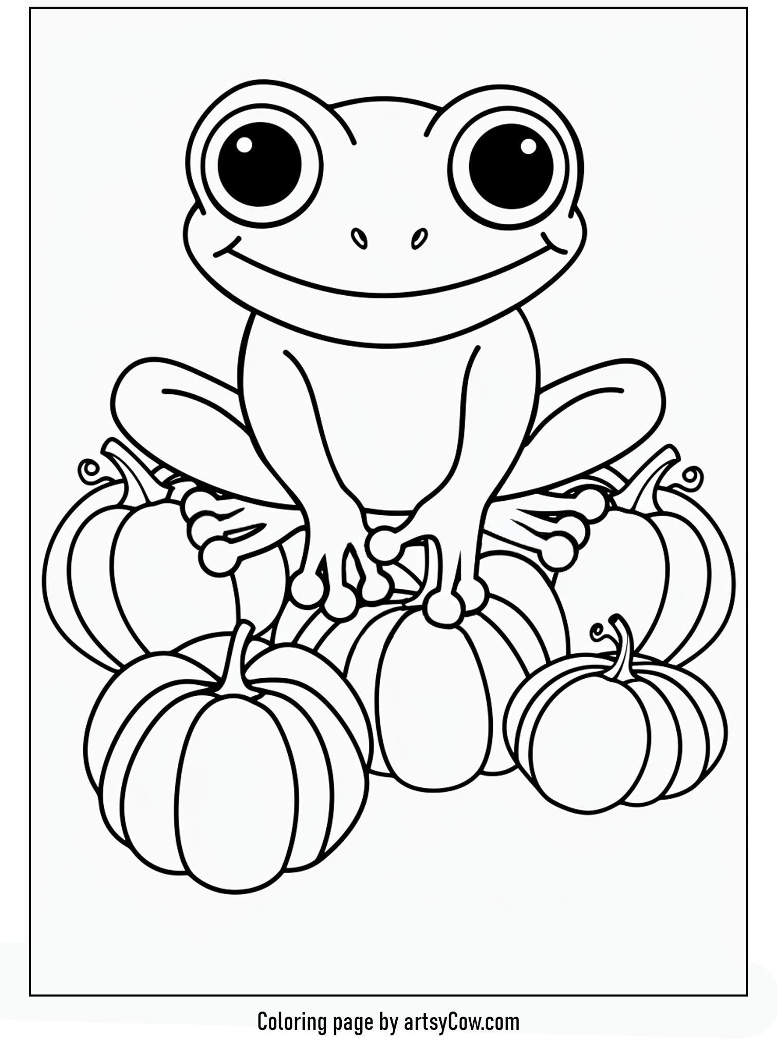 a cheerful frog sitting atop a cluster of varied pumpkins